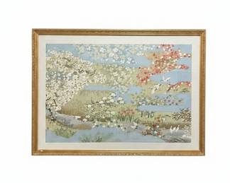 Japanese Sogara Yuzen Silk Painting with Cranes and Blossoms