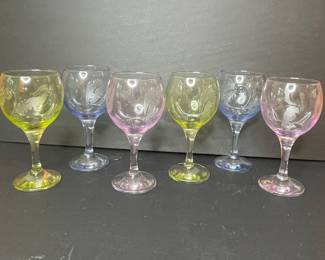 Vintage Pastel Colored Etched Wine Glasses