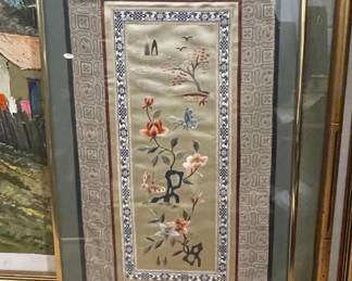 Vintage Chinese Silk Embroidery Panel with Floral and Butterfly Motif