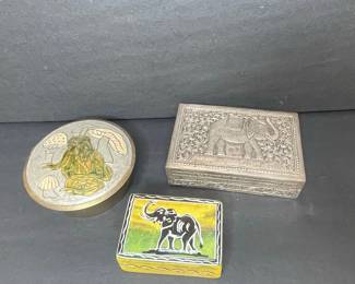 Decorative Trinket Boxes: Embossed Elephant, Painted Frog, and Painted Elephant