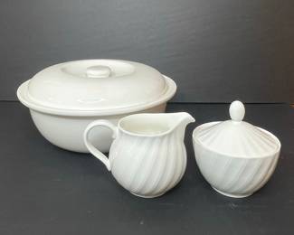 White Covered Casserole Dish, Creamer, and Sugar Bowl