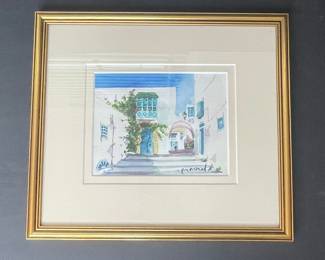 Watercolor Painting of Mediterranean Courtyard by Marmel A.