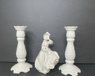 White Ceramic Figural Candlestick Holder with Lady Figurine