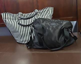 Black and White Striped Tote Bag and Black Duffel Bag