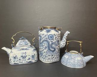 Vintage Blue and White Porcelain Brass Teapots 