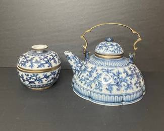 Vintage Blue and White Porcelain Teapot and Sugar Bowl with Brass Accents