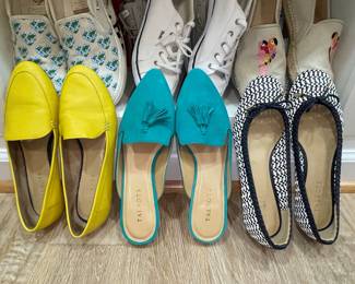 Talbots Women's Yellow Leather Loafers, Turquoise Suede Mules, and Black & White Espadrille Flats
