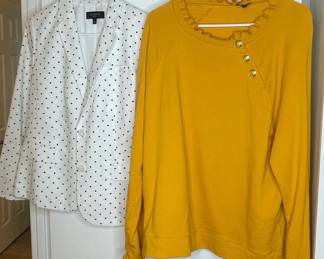 Talbots Petites White Navy Polka Dot Blazer and Mustard Yellow Ruffle Neck Top