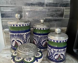 Mexican Talavera Ceramic Canister Set with Pewter Lids