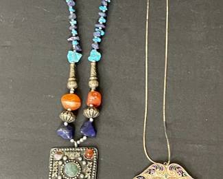 Vintage Enamel and Semi-Precious Stone Pendants with Sterling Silver Chain