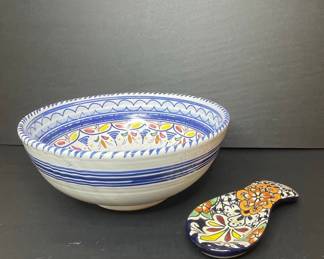 Hand-Painted Talavera Serving Bowl and Spoon Rest Set 