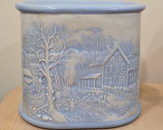 Currier & Ives Style Blue & White Embossed Ceramic Planter