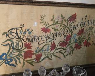 antique Greek painted on fabric and framed  "this to shall pass"