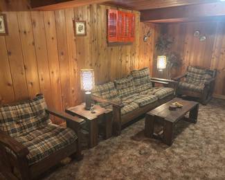 Fun & Funky Pine 70's Lounge Set  Couch 2 Chairs, 3 PC Tables