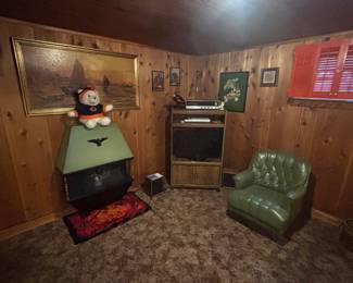 Avocado Green Faux Fireplace Heater and Matching Chair  