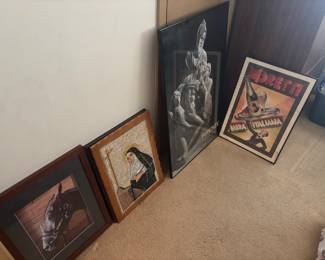 Cool Vintage framed art including horses, lots of Catholic art unusual 