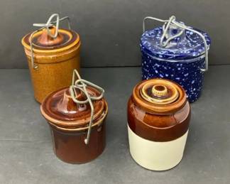 Lot Of 4 Vintage Crocks Blue And Brown Stoneware