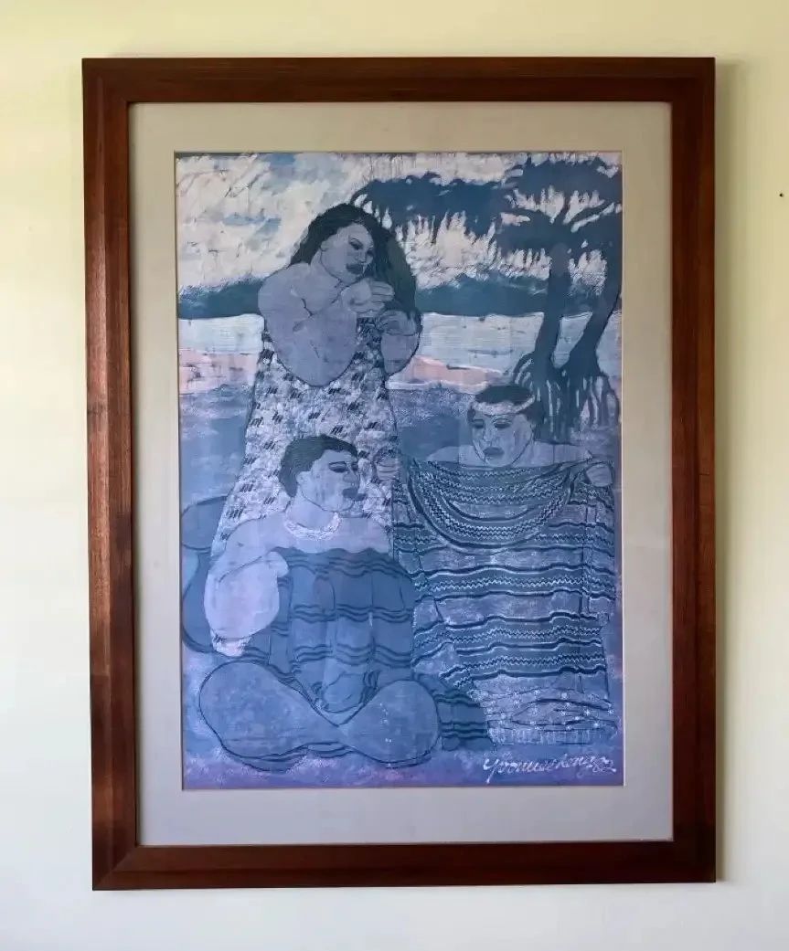 AKC016 - Large Yvonne Chang Print Hawaiian Kapa Koa Wood Frame and Matted