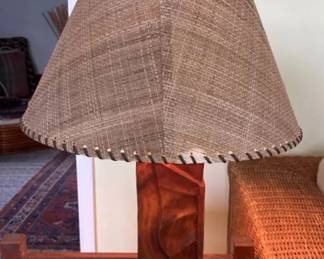AKC067 - Beautiful Vintage Koa? Lamp with Textured Fabric Shade - Anthurium Carving