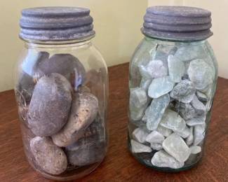 AKC081 Two Mason Glass Jars Filled with Smooth Rocks And Crystals