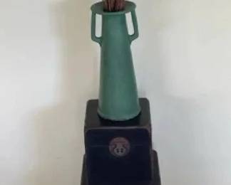 AKC070 - Stack of Decorative Wooden Asian Style Boxes, Green Vase, Dried Branches