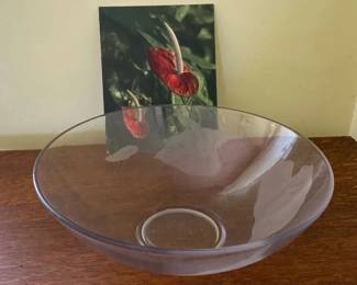 AKC078 - Large Vintage Glass Bowl With Anthurium Etching & Vintage Hand Colored Photo