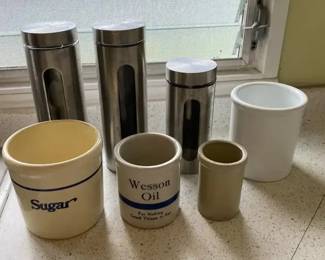 AKC040 - Vintage Kitchen Canisters - Stoneware and Metal