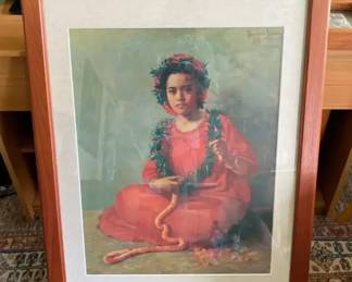 AKC019 - "The Lei Maker" Koa Framed & Matted Print by American Painter Theodore Wores