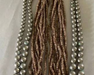AKC120 - Multi-Strand Heishi Shell Necklace & Pair of Native American Style Silver Bead Necklaces