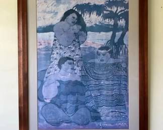 AKC016 - Large Yvonne Chang Print Hawaiian Kapa Koa Wood Frame and Matted