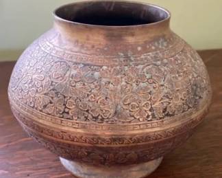 AKC082 - Antique Ornately Decorated Copper/Brass Vessel Stamped Made in British India