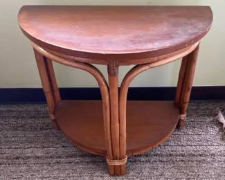 AKC135 - Vintage Half Round Rattan and Wood Side Table