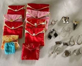 AKC122 Lot of Sterling and Costume Jewelry Earrings, Pins & Satin Jewelry Bags