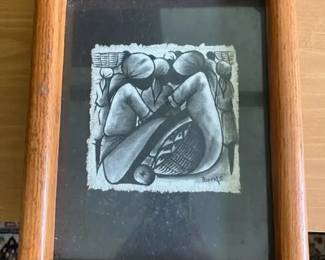 AKC018 - Original Charcoal Sketch - South African Women at Market on Textured Paper Signed Koa Frame