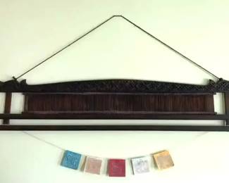 AKC005 - Vintage Thai Weaving Loom Reed Wall Display, Carved Wood w/Fabric Flags