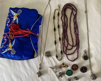 AKC155 - Lot of Vintage Costume Jewelry, Silk Bag, Bead Necklace, Pins, & More