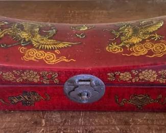 AKC054 - Vintage Chinese Red Lacquered Wood Pillow Box Dragon & Phoenix Motifs