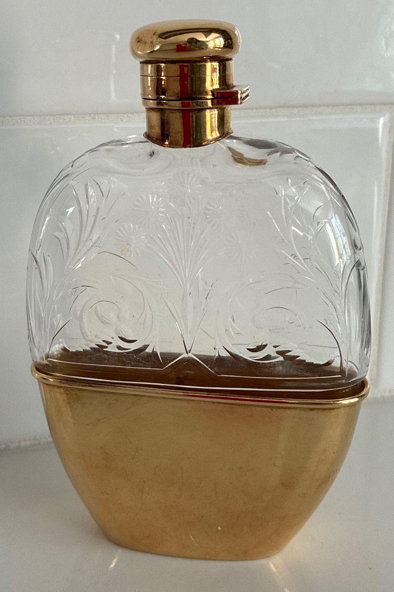 Tiffany 14kt and glass 1 Gill Flask