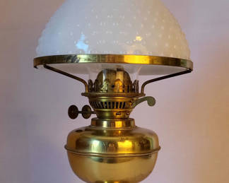 Lot 71: Antique Duplex Brass Dual Wick Oil Lamp w/ Hobnail Shade