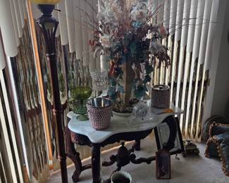 Floor lamp, Ice buckets, Victorian marble table.
