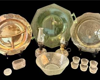 Depression Glass, Oil Lamps, Salt Cellars Lot