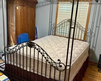 Queen Canopy Bed Grey Metal Brass Accents