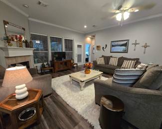 Living room set:  Couch, Loveseat and Chair, coffee table + more