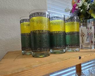 Vintage MCM Continental Can Company textured green & gold glasses (set of 8) 