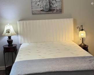 Full bed with upholstered headboard, mattress, box spring and frame, various occasional / side tables, lamps and wall art