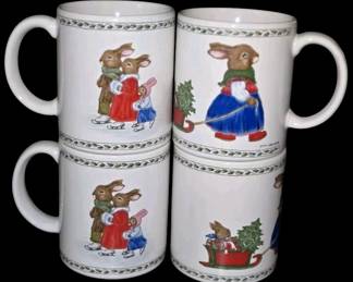 Susan LaBelle Mugs 1986 Christmas 4 Bunny Rabbit Vintage Winter
