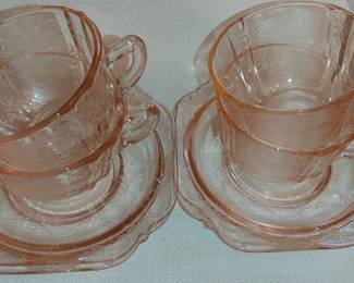 Pink depression glass Madrid cups & saucers