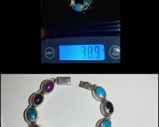 Vintage multi gemstone turquoise sterling silver Mexico bracelet