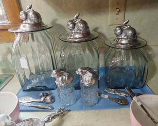 RARE Hand blown bunny canisters aluminum and pewter tops ( extremely hard to find)