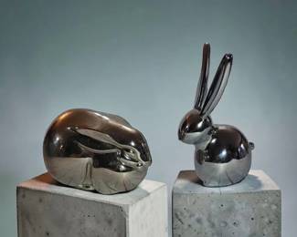 Left Dansk Rabbit Figure Right: Umbra Heavy Silver Chrome Metal Rabbit Figure - Ring Holder Bunny Ear